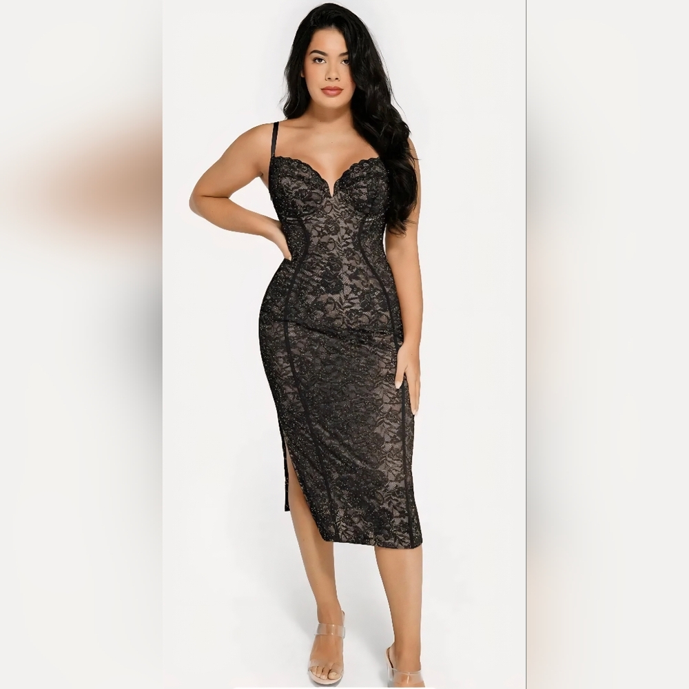 Sold Popilush Built in Shapewear Lace Midi Dress #1238 - Picture 11 of 14